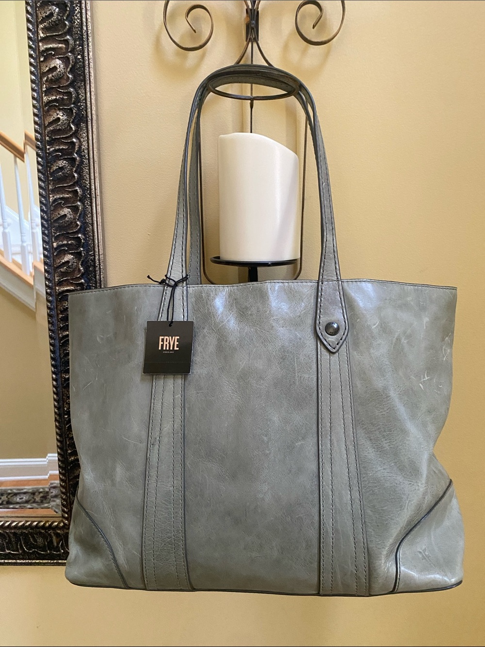 NWT FRYE $358 Fern Sage Green Distressed Leather Shoulder Tote w/Frye Duster bag